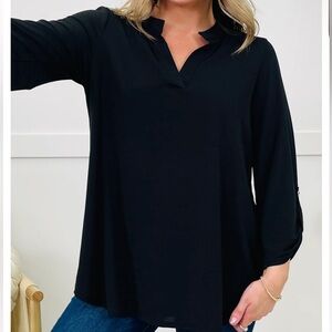 Honeyme black 3/4 length roll tab sleeve wrinkle resistant blouse